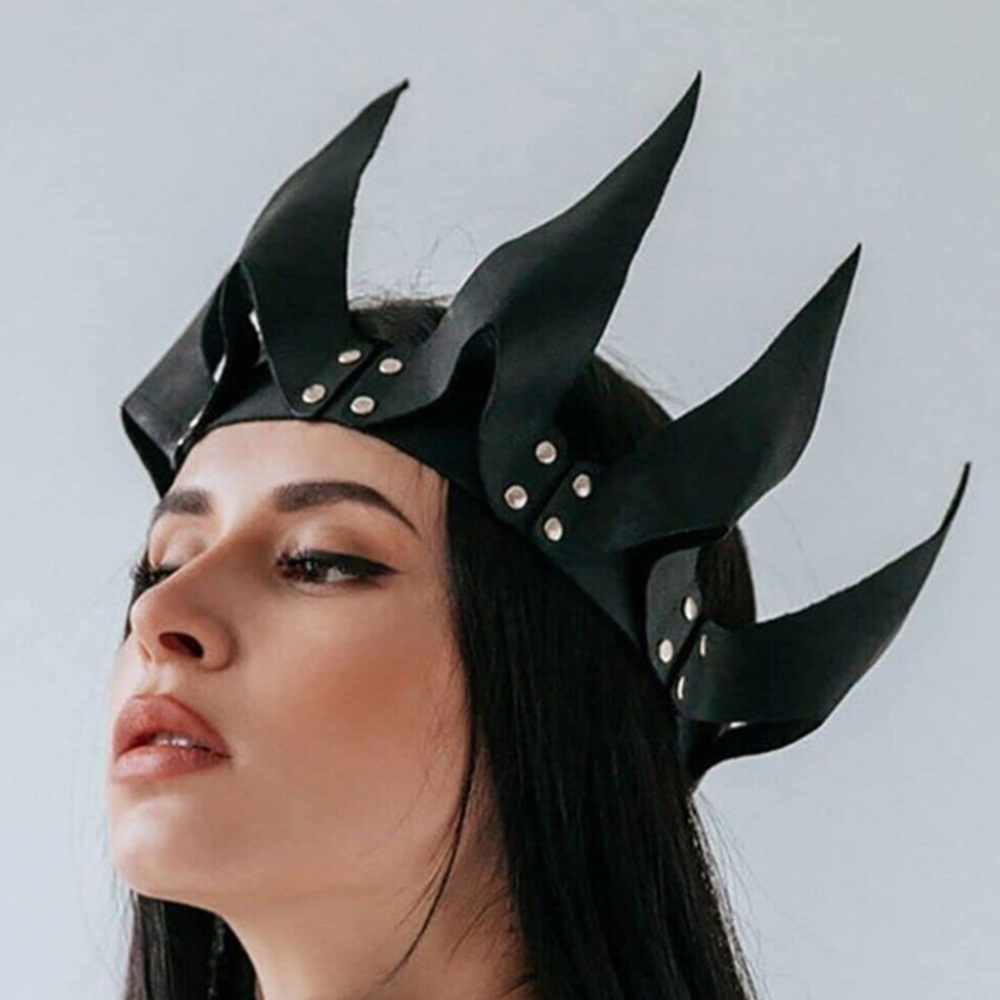 🆕 Black Leather Crown Devil Masquerade Face Mask Slave Bondage BDSM Costume NEW - Picture 2 of 5